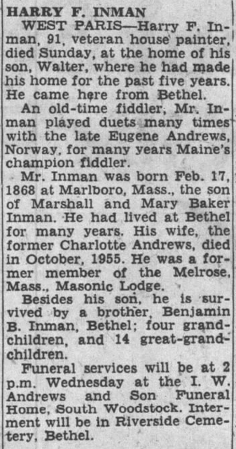 Obituary of Harry Inman  - 6/22/1959