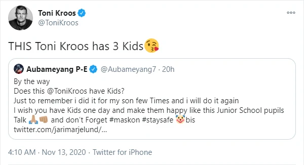 Pierre-Emerick Aubameyang & Toni Kroos in bizarre Twitter row over mask celebration