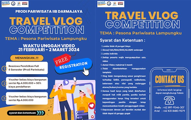 Menangi Travel Vlog Competition, Bisa Kuliah Gratis di Prodi Pariwisata Institut Informatika dan Bisnis (IIB) Darmajaya 