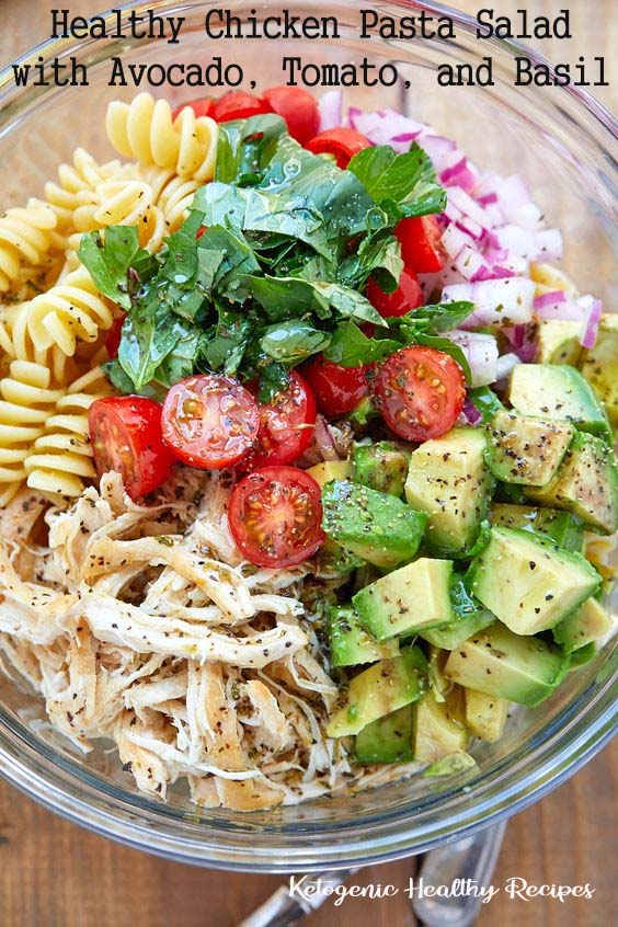 Healthy Chicken Pasta Salad with Avocado, Tomato, and Basil