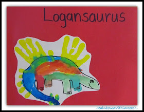 Dinosaur Handprint Painting in Preschool via RainbowsWithinReach