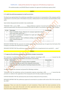 format of board resolution for approval of preliminary expenses