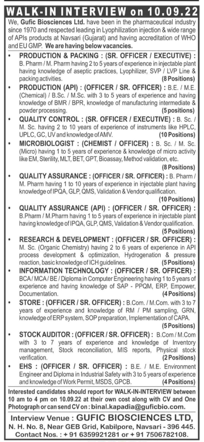 Job Available's for Gufic Biosciences Ltd Walk-In Interview for Production & Packing/ QC/Microbiologist/ QA/ R&D/ IT/ Store/ EHS Department