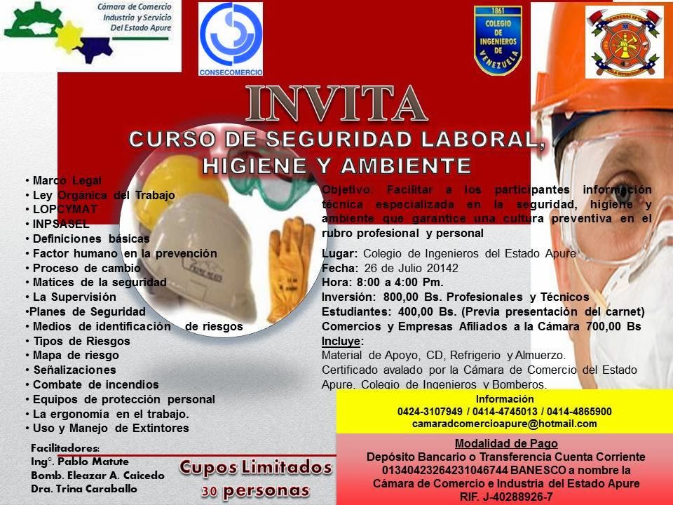 VER AFICHE: Curso de Higiene y Seguridad Industrial sábado 26 de julio cupo para  30 personas en San Fernando.