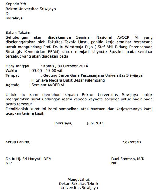 Contoh Permohonan Surat Pembicara Seminar Keynote Nasional 