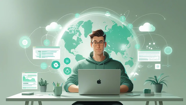 Python Developer working remotely on laptop with code and global network Python Developer working remotely on laptop with code and global network