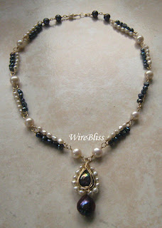 wire wrapped checkered pearl necklace and pipa pendant (reverse usage)