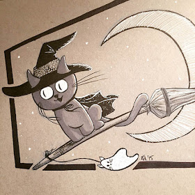 Black and white ink drawing of a kitty witch riding a broomstick