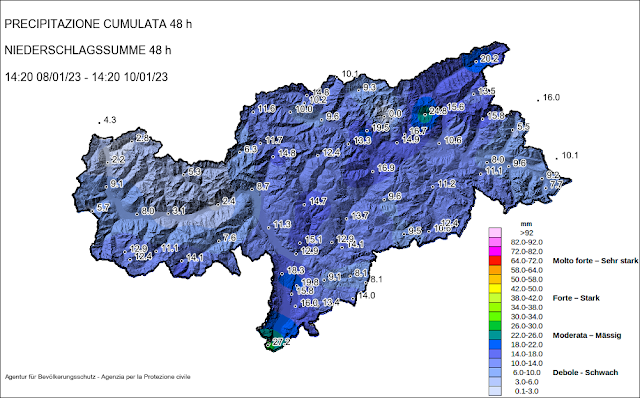 I maggiori apporti di precipiazione si sono registrati da sud, lungo la Val Sarentino fino in Valle Aurina.