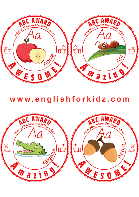Printable awards for learning English ABC