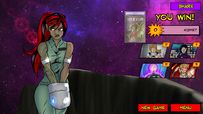A defeated villain is in prison garb and handcuffs; the heroes' winning statistics are displayed beside.