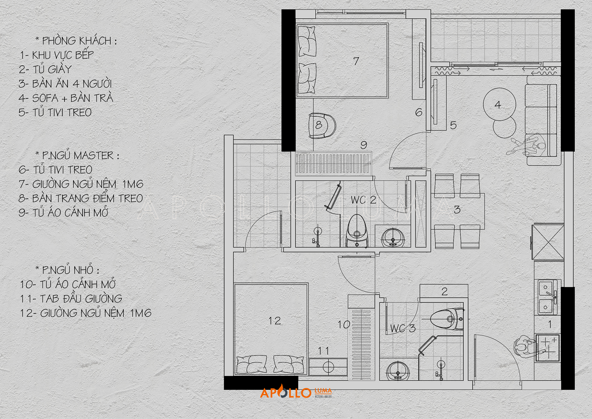 Thiết kế nội thất căn hộ 54m2 (2PN+2WC) Vinhomes Smart City Tây Mỗ