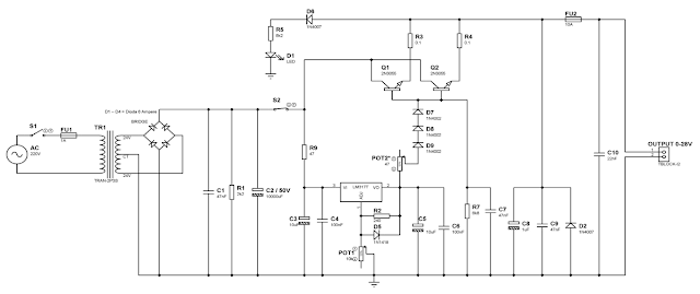 Power Supply 0-28V 6A Menggunakan LM317 dan 2N3055