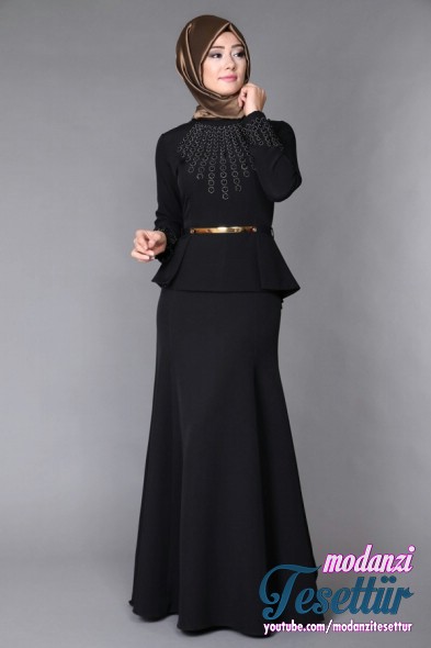 Modaselvim 2017 Tesettür Abiye Elbise Modelleri - İnci Baskılı Kuyruklu Elbise KNZ3052 Siyah