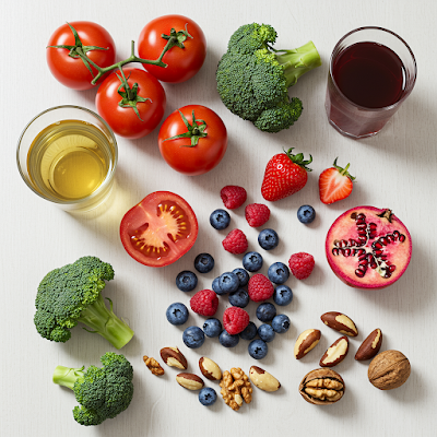 A colorful arrangement of healthy food for prostate sufferers: tomatoes, broccoli, berries, and nuts, symbolizing a diet for prostate wellness