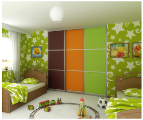 colorful sliding closet doors in green, orange, and brown