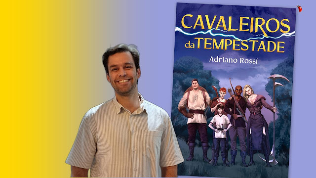 Fotocomposição com autor e capa do livro "Cavaleiros da Tempestade"