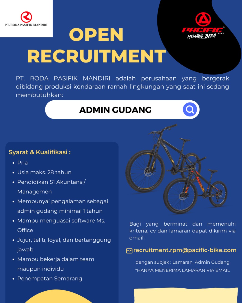 Loker Semarang di PT Roda Pasifik Mandiri SPV Warehouse, Checker Gudang, Operator, dll