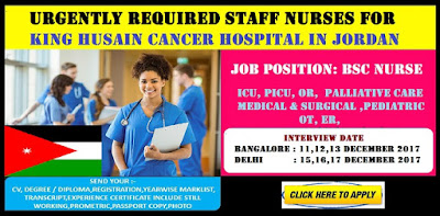 Urgently Required Staff Nurses for King Husain​ Cancer hospital in Jordan