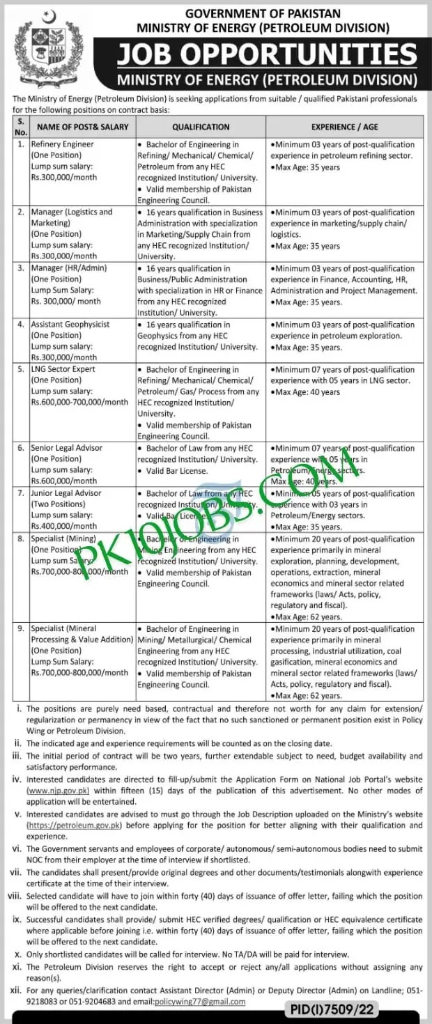 Ministry oF Energy Petroleum Division Jobs 2023