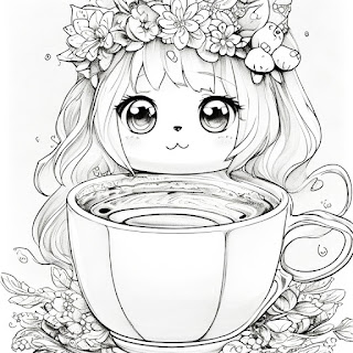 kawaii cute cat and cup of tea coloring page