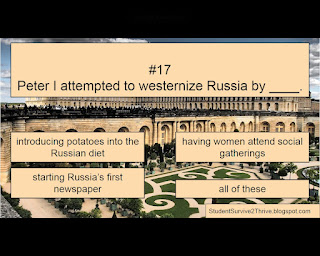 Peter I attempted to westernize Russia by ____. Answer choices include: introducing potatoes into the Russian diet, having women attend social gatherings, starting Russia's first newspaper, all of these