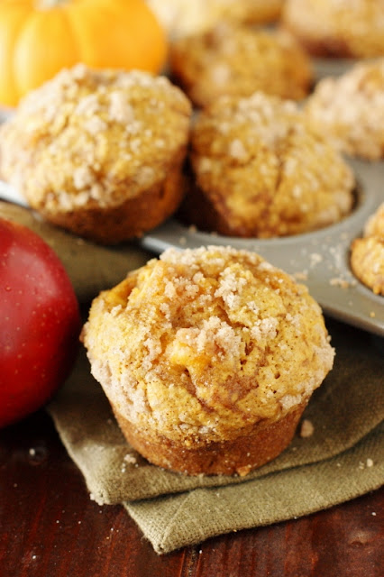 Pumpkin Apple Streusel Muffins - 2 Fall flavors are perfect together in these tender & tasty muffins!  www.thekitchenismyplayground.com