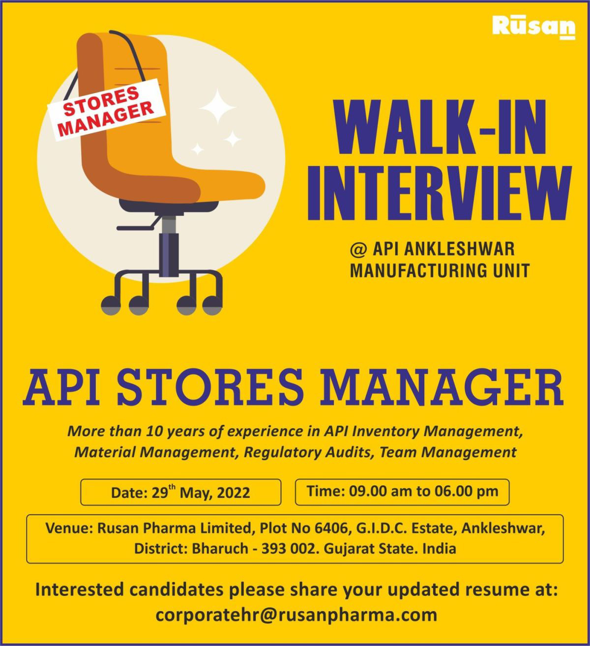 Job Available for Rusan Pharmaceutical Ltd Walk-In Interview for API Stores Manager