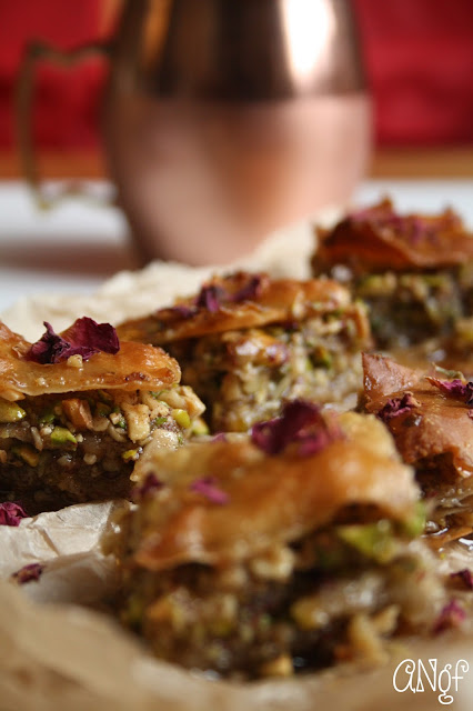 Rows of gluten free baklava with pistachios and rose petals | Anyonita-nibbles.co.uk