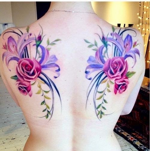 Pink Rose Women Back Tattoo, Blue Lavender Flower Tattoo, Flower Of Lavender Rose Back Tattoos, Girls Back With Rose Flower Tattoos, Women, Parts, Flower,