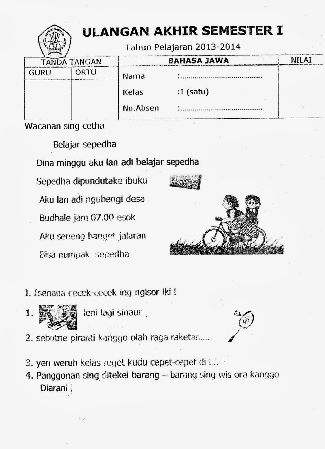  Soal  UAS  Bahasa  Jawa  Kelas  1 Semester  1 Kurikulum 2020