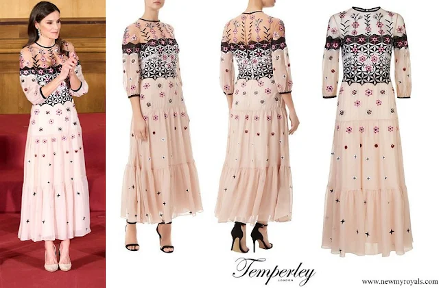 Queen Letizia wore Temperley London Finale Eggshell Floral embroidery tulle midi dress