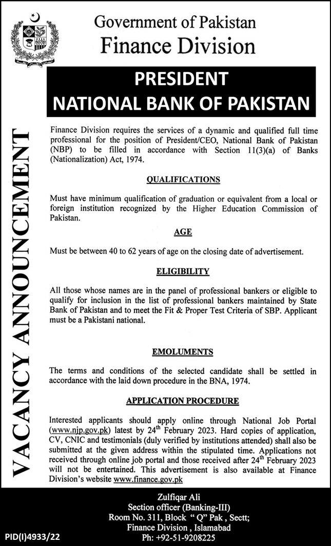 Latest National Bank of Pakistan NBP Bank Posts Islamabad 2023