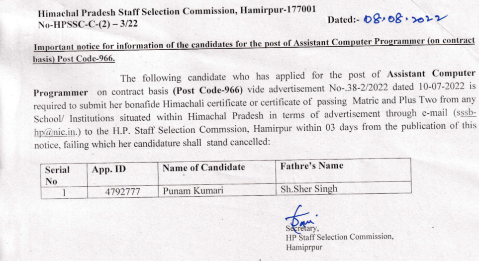 Important Notice For The Post Of Assistant Computer Programmer Post Code-966 :- HPSSC Hamirpur