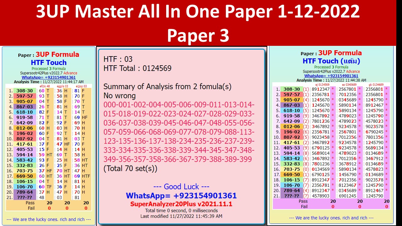 Thai Lottery ALL in One Paper 3 | 3UP Full Game Sets | Thai Lottery Result Today 1-12-2022