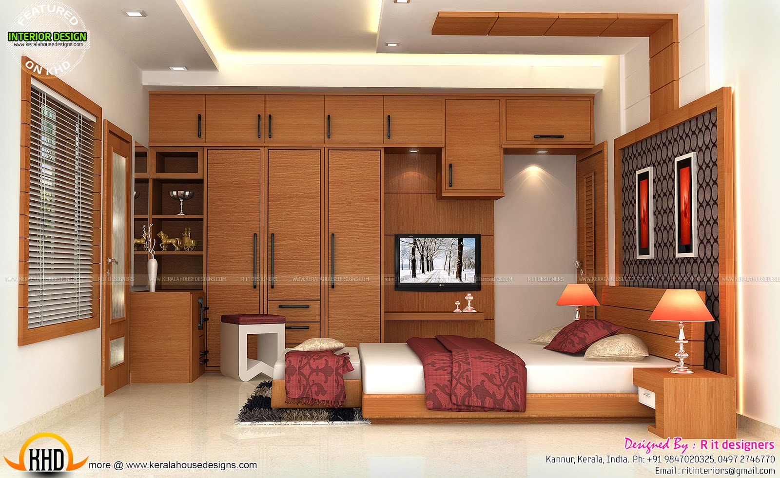 Interiors of bedrooms  and kitchen Kerala home  design  and 