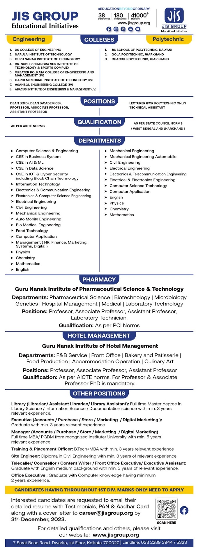 JIS Kolkata Biotech/Microbiology/Genetics Faculty Jobs