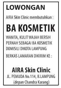 Lowongan BA Kosmetik Aira Skin Clicic Bandar Lampung