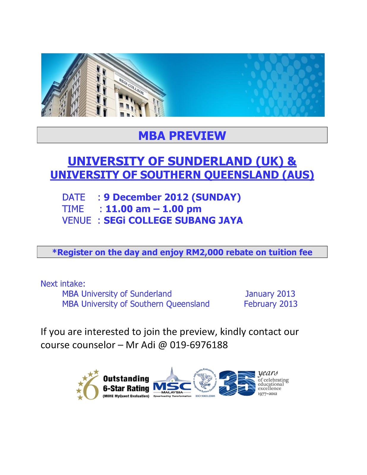 MBA SEGi College Subang Jaya - University of Sunderland ...