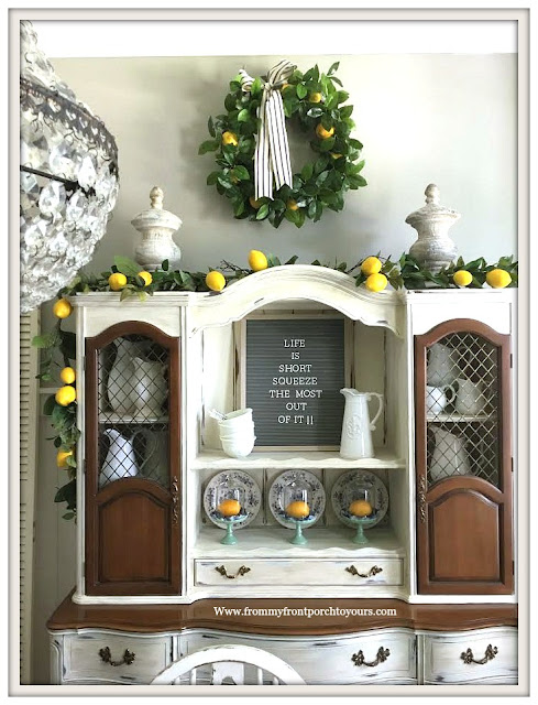 Late Summer Dining Room Decor-Lemon Garland-Vintage Hutch-Memo Board-From My Front Porch To Yours