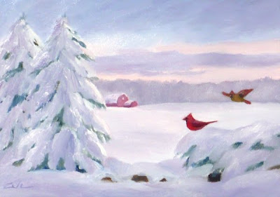 Snow, Cardinals and Red Barn oil painting