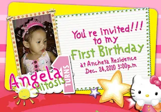 This is a Hello Kitty Invitation. It features a pink background, with a pink text. The text on the invitation is in English.