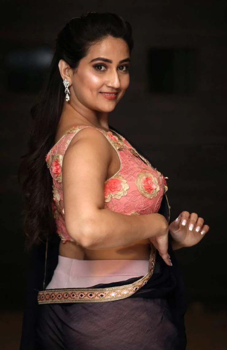Indian TV Anchor Manjusha In Transparent Blue Saree