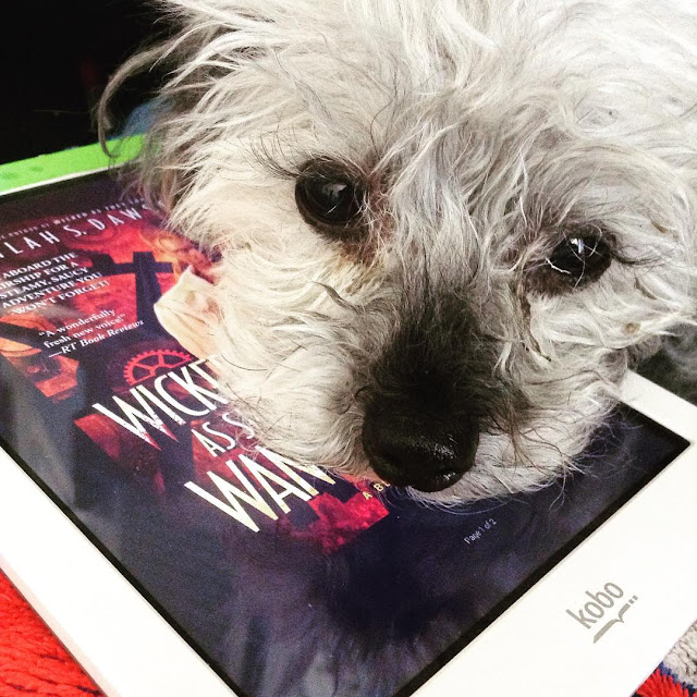 Murchie rests his chin on a white Kobo and stares straight into the camera. His face obscures most of the book cover on the Kobo's screen, but the title Wicked As She Wants is visible, superimposed over some large clockwork lit in red.