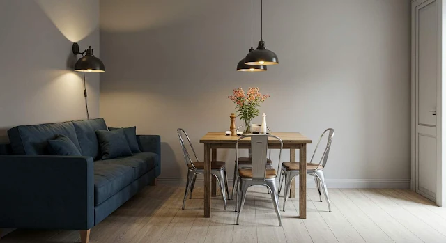 Sala pequena com mesa de jantar e sofá, espaço integrado com estilo