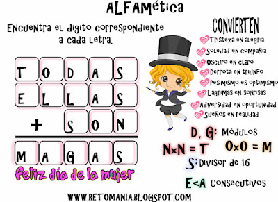 Alfamética, Criptoaritmética, Criptosuma, Juego de letras, Día de la mujer, Problemas de lógica, Retos matemáticos, Desafíos matemáticos, Problemas matemáticos, Problemas matemáticos con letras, Problemas de pensar