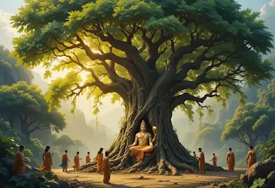 "A vibrant digital painting of the sacred Peepal tree (Ficus religiosa) in an ancient Hindu setting, with Lord Vishnu subtly depicted within its trunk. Faint silhouettes of Rakshasas and Devas appear in the background, symbolizing the myth of Vishnu hiding in the tree. Golden sunlight filters through the heart-shaped leaves, casting a divine glow."