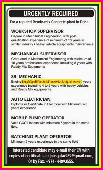 Reputed Readymix plant Job Vacancies in Doha Qatar
