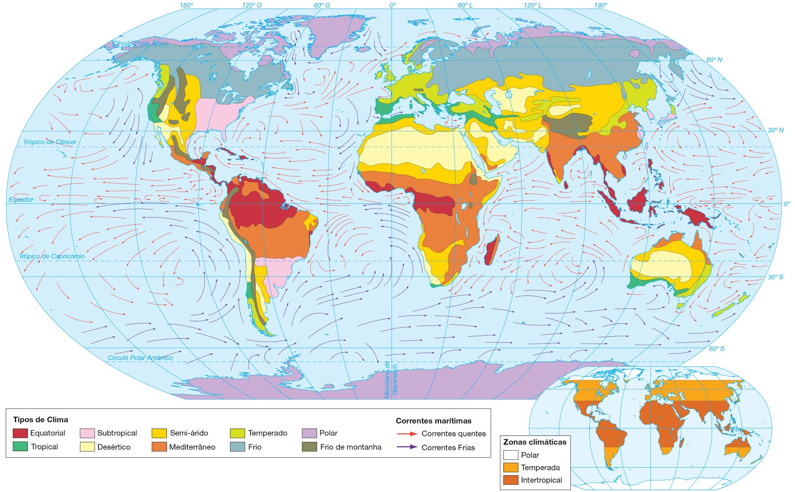 AB Vetor: Mapa Mundi - Zonas climáticas e correntes marítmas AB Vetor: Mapa Mundi - Zonas climáticas e correntes marítmas