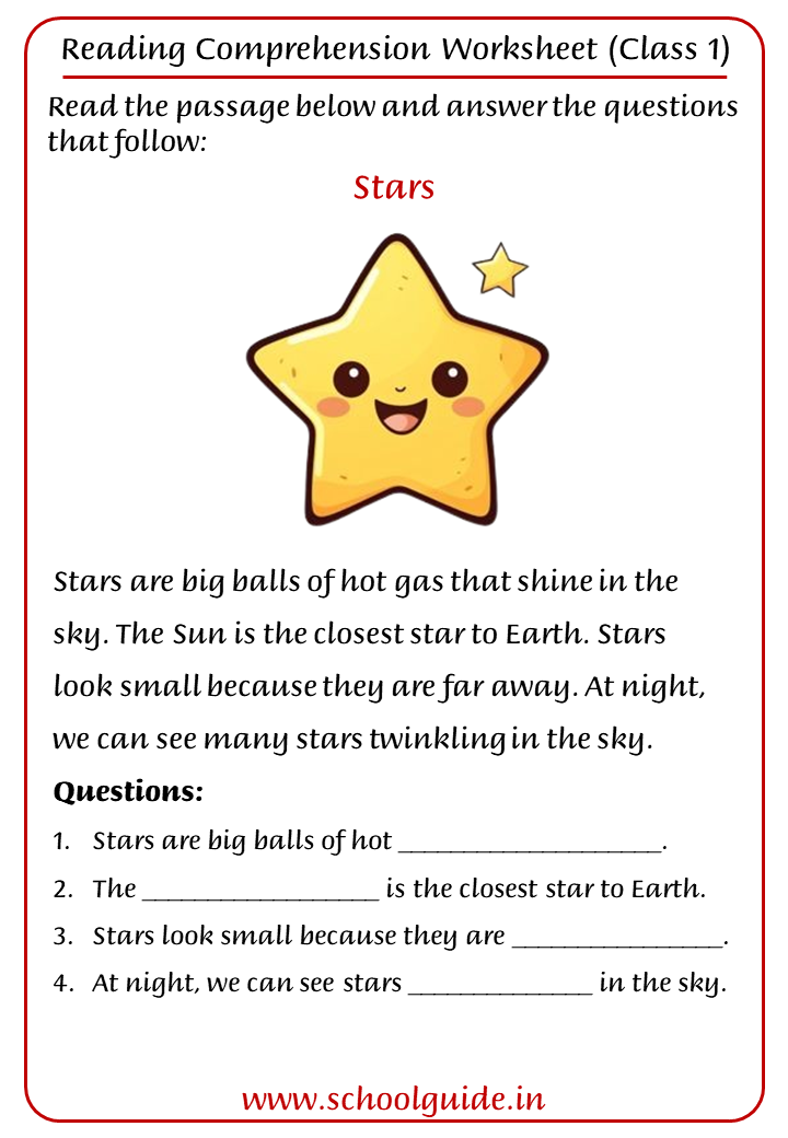Reading Comprehension Worksheets for Class 1